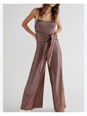Free People Metallic Rose Wide-Leg Jumpsuit with Waist Tie XS, nwot